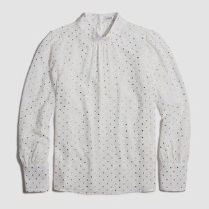 NWT Womens Size XS J. Crew White Long Sleeve Shirred Mockneck Top in Gold Dot
